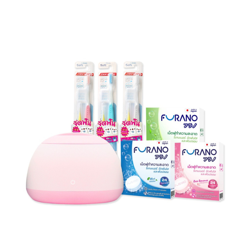 Furano เครื่องล้างทำความสะอาดรีเทนเนอร์ และฟันปลอม + เม็ดฟู่ทำความสะอาดรีเทนเนอร์ 3 กลิ่น + แปรงสำหรับคนจัดฟัน (แพ็ค 3)