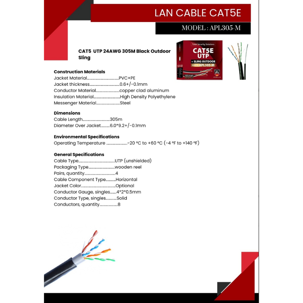 APOLLO APL305-M / APL-305M สาย LAN CAT5E+SLING OUTDOOR สำหรับใช้ภายนอก ความยาว 305 M. สายสีดำ BY BILLIONAIRE SECURETECH - รูปที่ 2
