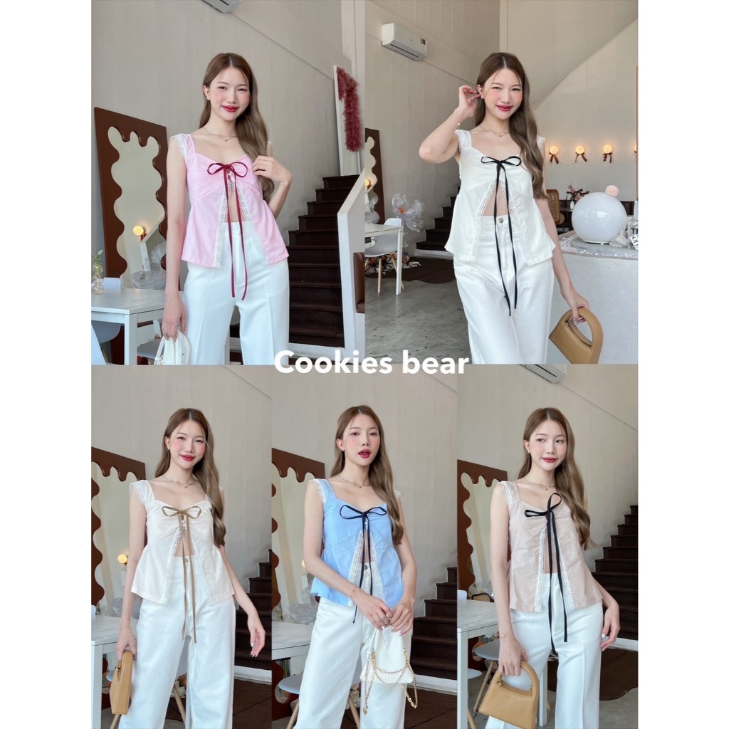 [พร้อมส่ง] สายเดี่ยวแถบผ้าออฟฟอดคอตตอนตัวหนา งานติดลูกไม้รุ่นใหม่จับจีบช่วงอก แต่งโบว์ผูกตัดขอบสี