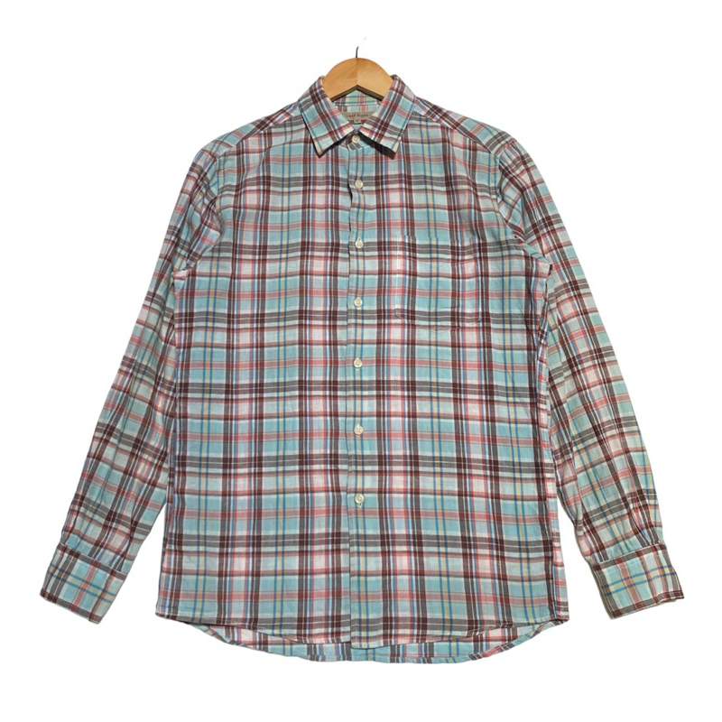 UNIQLO เสื้อเชิ้ตแขนยาว Multi-Color Gingham Check Spread Collar Linen  Blend Shirt
