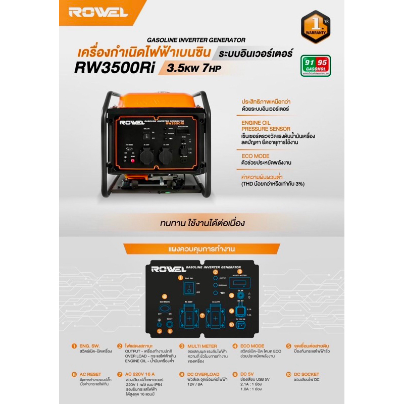 เครื่องกำเนิดไฟฟ้าเบนซิน ROWEL รุ่น RW-3500RI 3.5Kw 7HP ระบบอินเวอร์เตอร์