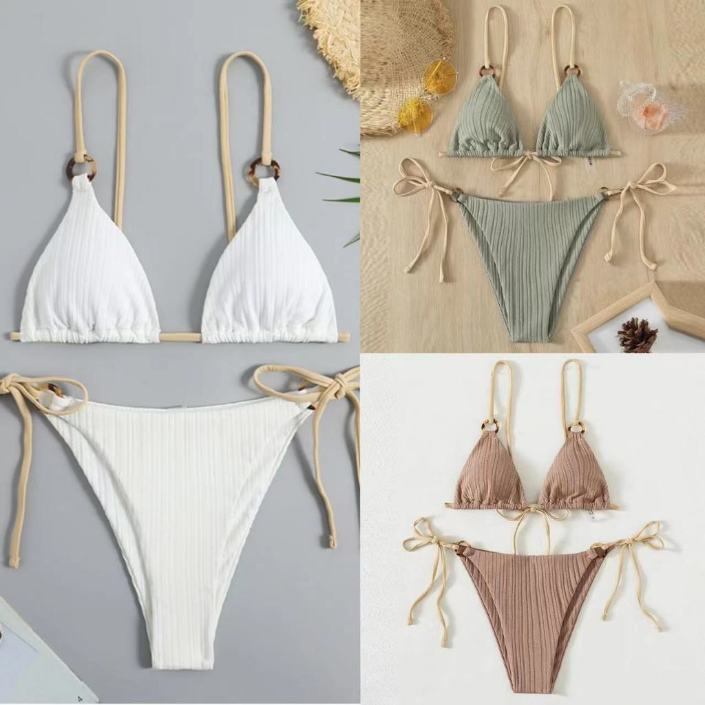 🧡Basic swimsuit💛bikini sexy ชุดว่ายน้ํา ทูพีช ผ้าเนื้อดี（4สี）#0143