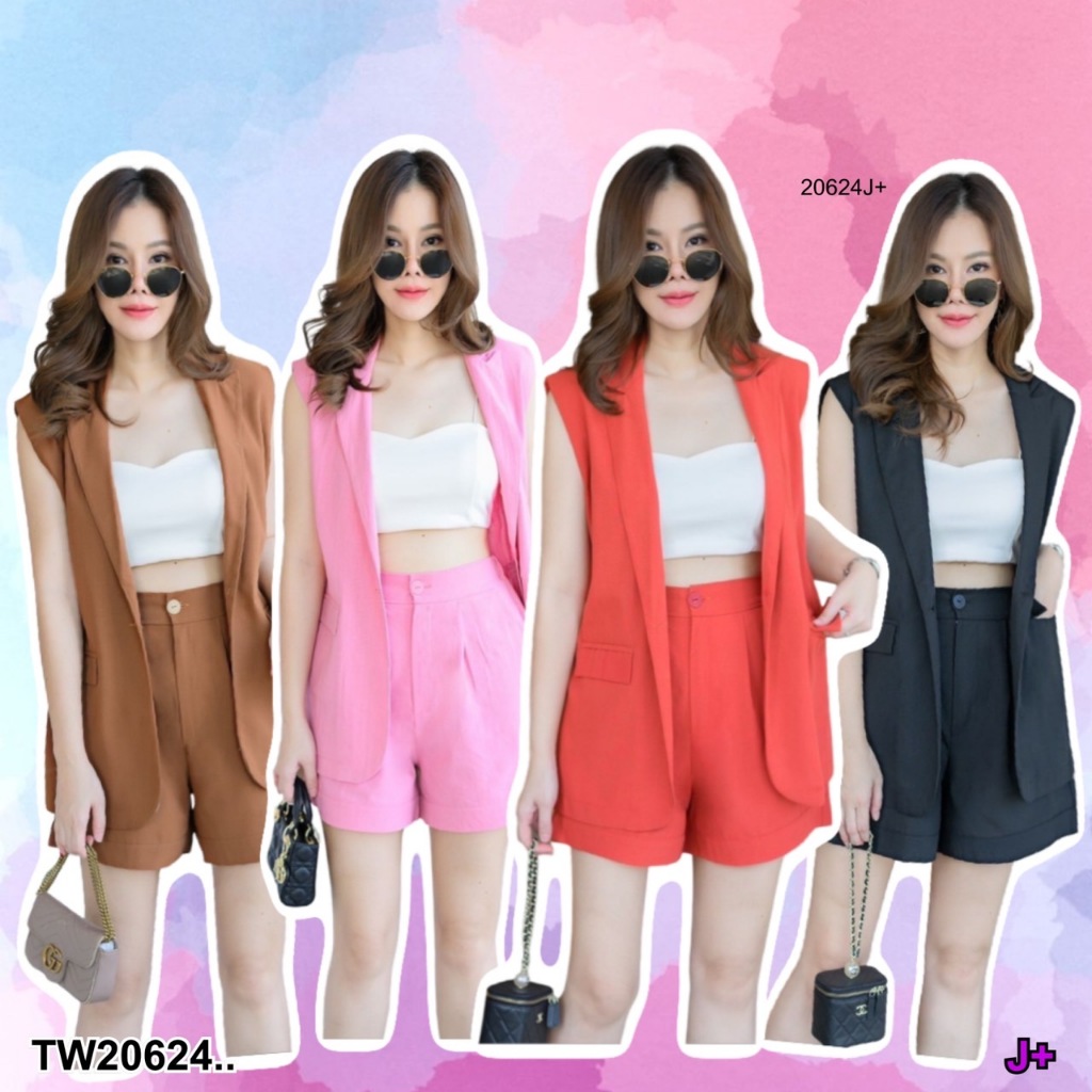 TW20624 Set #สาวอวบ 2 ชิ้น เสื้อ Blazer แขนกุด + กางเกงขาสั้น ..