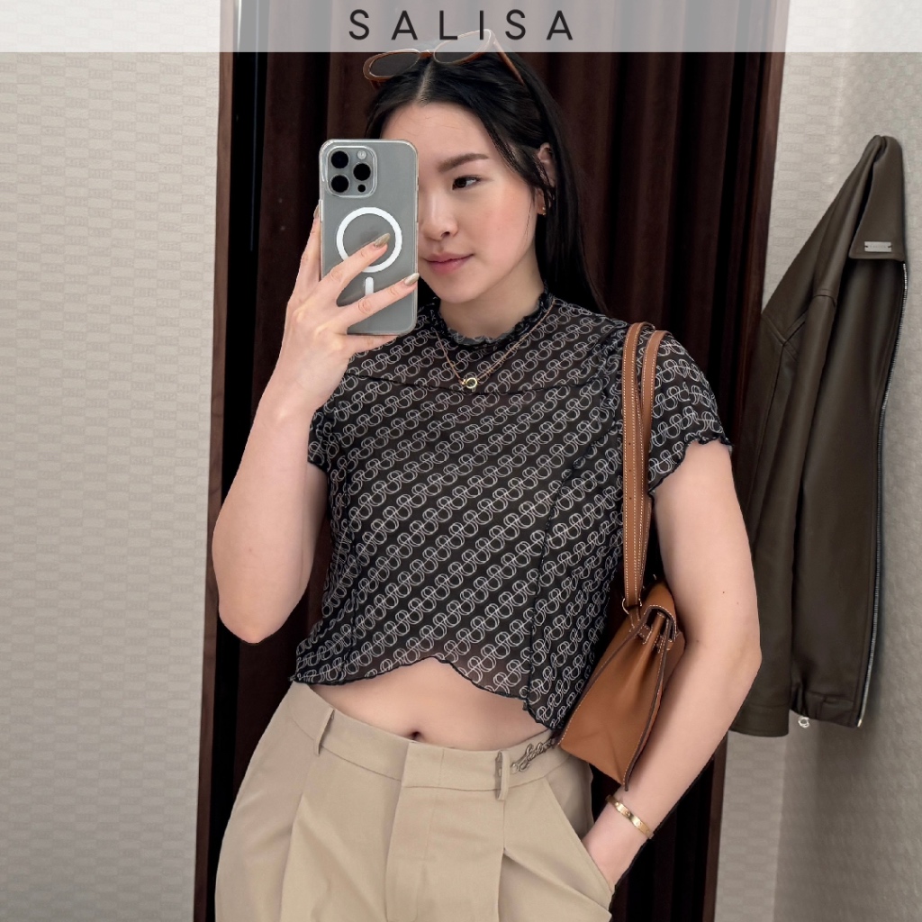 SALISA - MESH SS24 Crop Top Print Black White Print (front lining only) เสื้อครอป