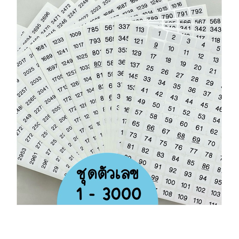 สติกเกอร์ตัวเลข 1-3000 สี่เหลี่ยม13x19มม. (27แผ่น) ไดคัทแล้ว ไม่กันน้ำ