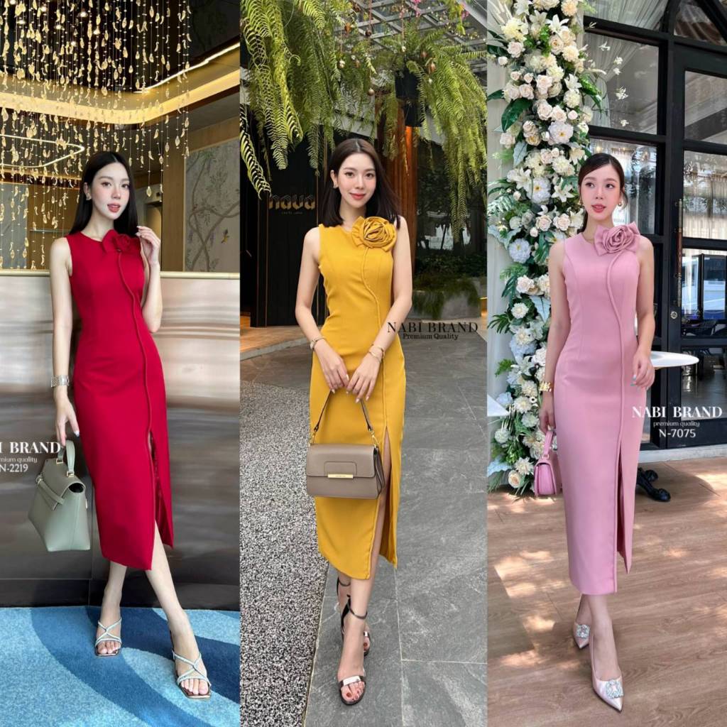 (พร้อมส่ง) Nabi&Mabel20 21 เดรสยาวแขนกุด  ดีไซน์หรูหรามากค่ะ มาพร้อมกับเข้มกลัดดอกกุหลาบ