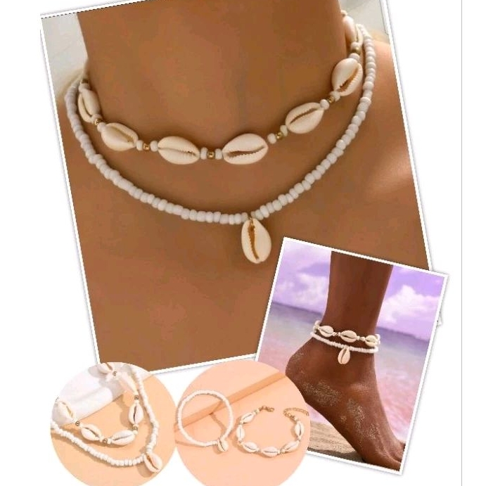 *พร้อมส่ง* สร้อยข้อเท้า, สร้อยคอเปลือกหอย2pcs Boho Shell Decor Necklace and Ankletเซ็ต 2 ชิ้น