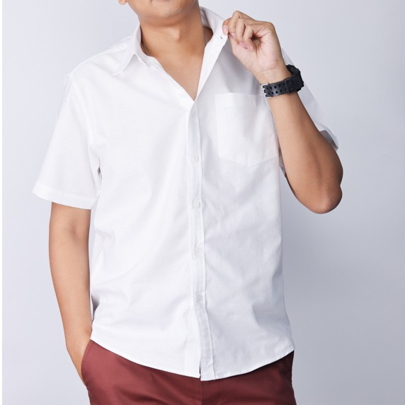 เสื้อเชิ้ต Stealaway คอปกแขนสั้นสีขาว SIZE ( M - 5XL ) ผ้าoxford มีกระเป๋า มีกระดุมปกคอ
