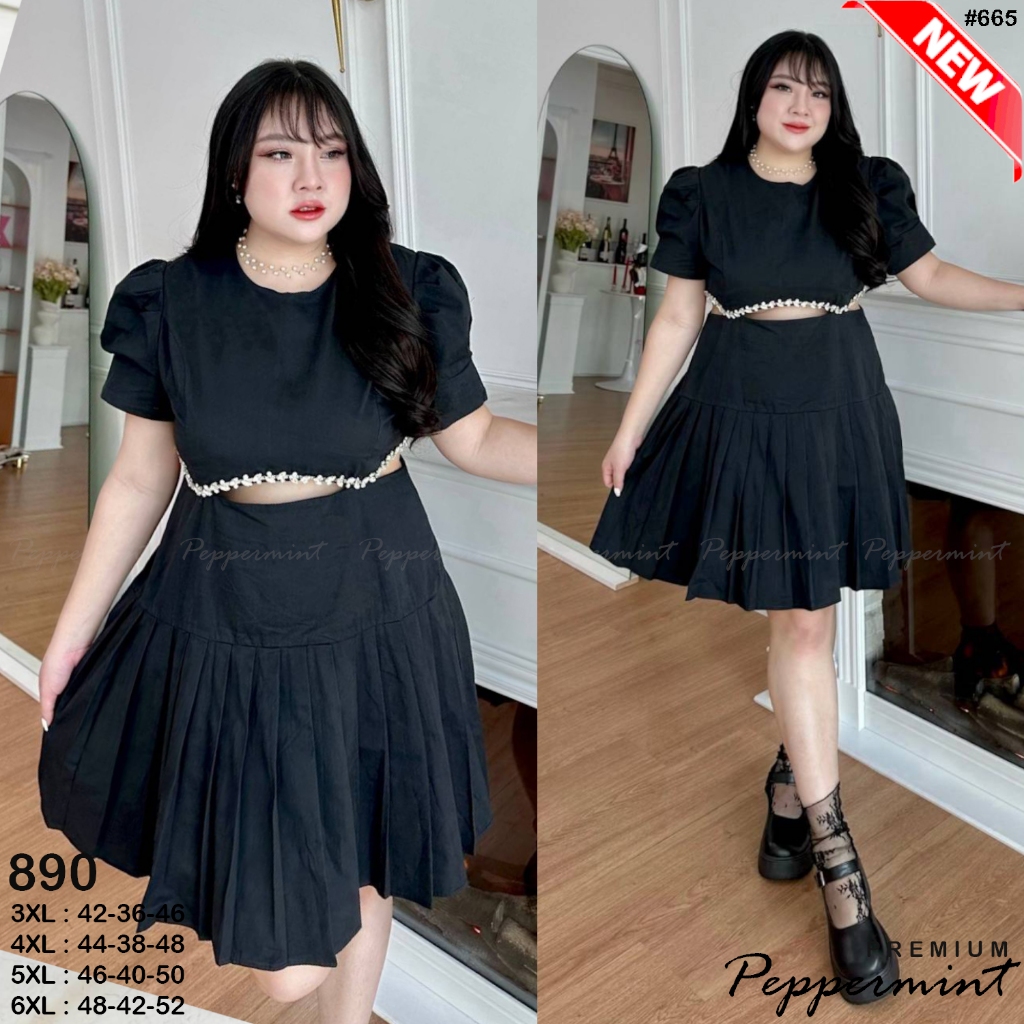 เสื้อผ้าสาวอวบ งานป้ายสไตล์เวียดนาม  เดรสติดเพชรเอว Peppermint_PlusSize (665)