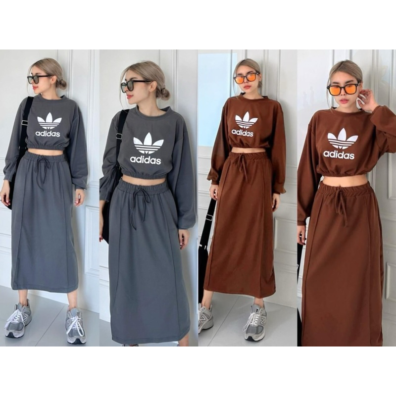 ! Adidas Crop Top Set  เซทเสื้อครอปคอกลมแขนสั้น มาพร้อมกระโปรงยาวทรงเอ เอวยางยืด