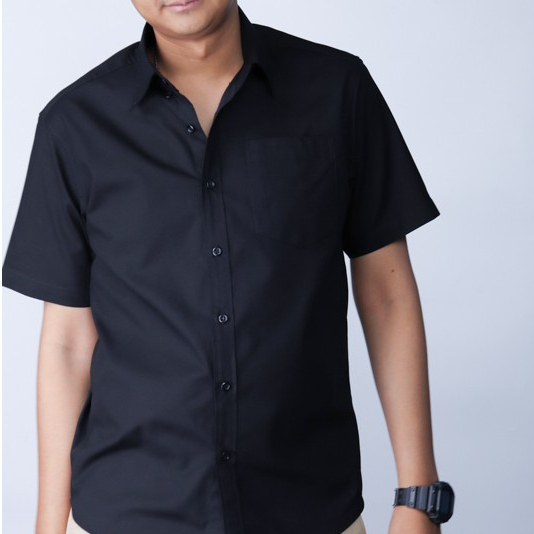 เสื้อเชิ้ตแขนสั้นคอปกสีดำ เนื้อผ้าอ๊อกฟอร์ดและเนื้อทวิว M-5XL