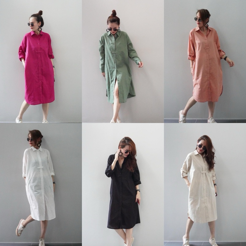 ชุดเดรสผ้าลินินแขนยาวสีพื้นอก46