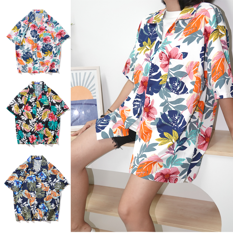 เสื้อฮาวายลายดอกไม้ 44 45 46  เสื้อเชิ้ต เชิ๊ตเกาหลี เสื้อสงกรานต์ แบบแขนสั้น คอปกเชิต ผ้าใส่สบาย /พร้อมส่ง งานเกาหลี