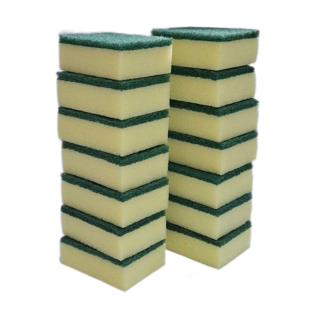 ฟองน้ำใยขัด  14 ชิ้น ตรามงกุฎ ฟองน้ำล้างจาน ฟองน้ำสองประสงค์ ฟองน้ำพร้อมแผ่นใยขัด