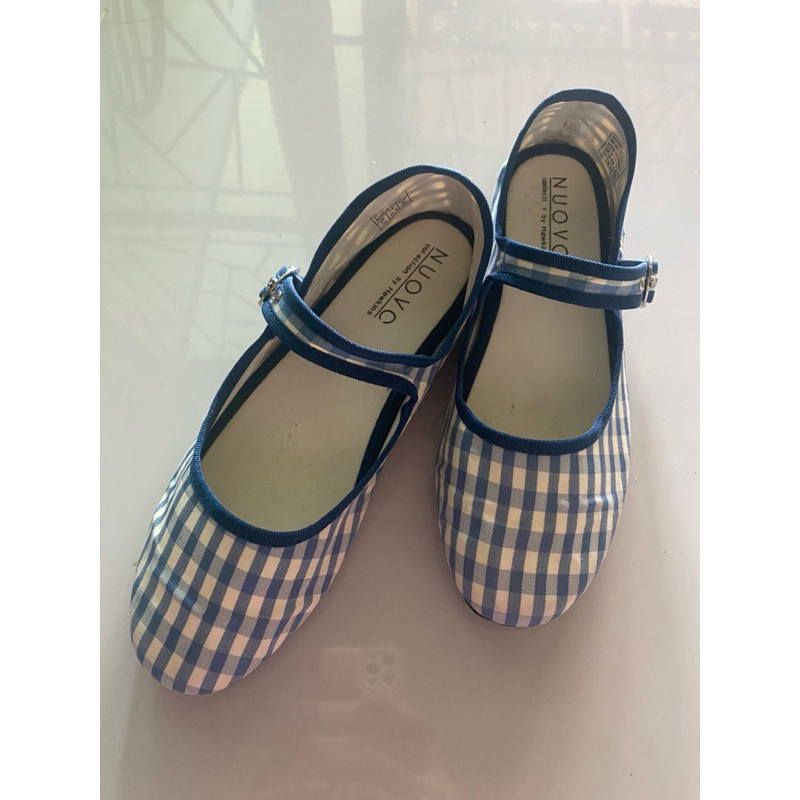รองเท้าแมรี่เจน แบรนด์ NUOVO ลายสก็อตฟ้า-ครีม ขนาด 39