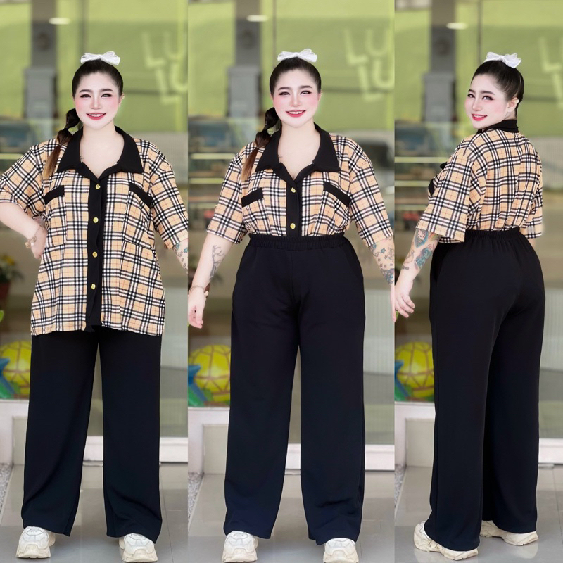 [พร้อมส่ง] ชุดเซ็ตสองชิ้นสาวอวบอ้วนขายาวแขนสั้นราคาถูกใส่สบายสุดๆ