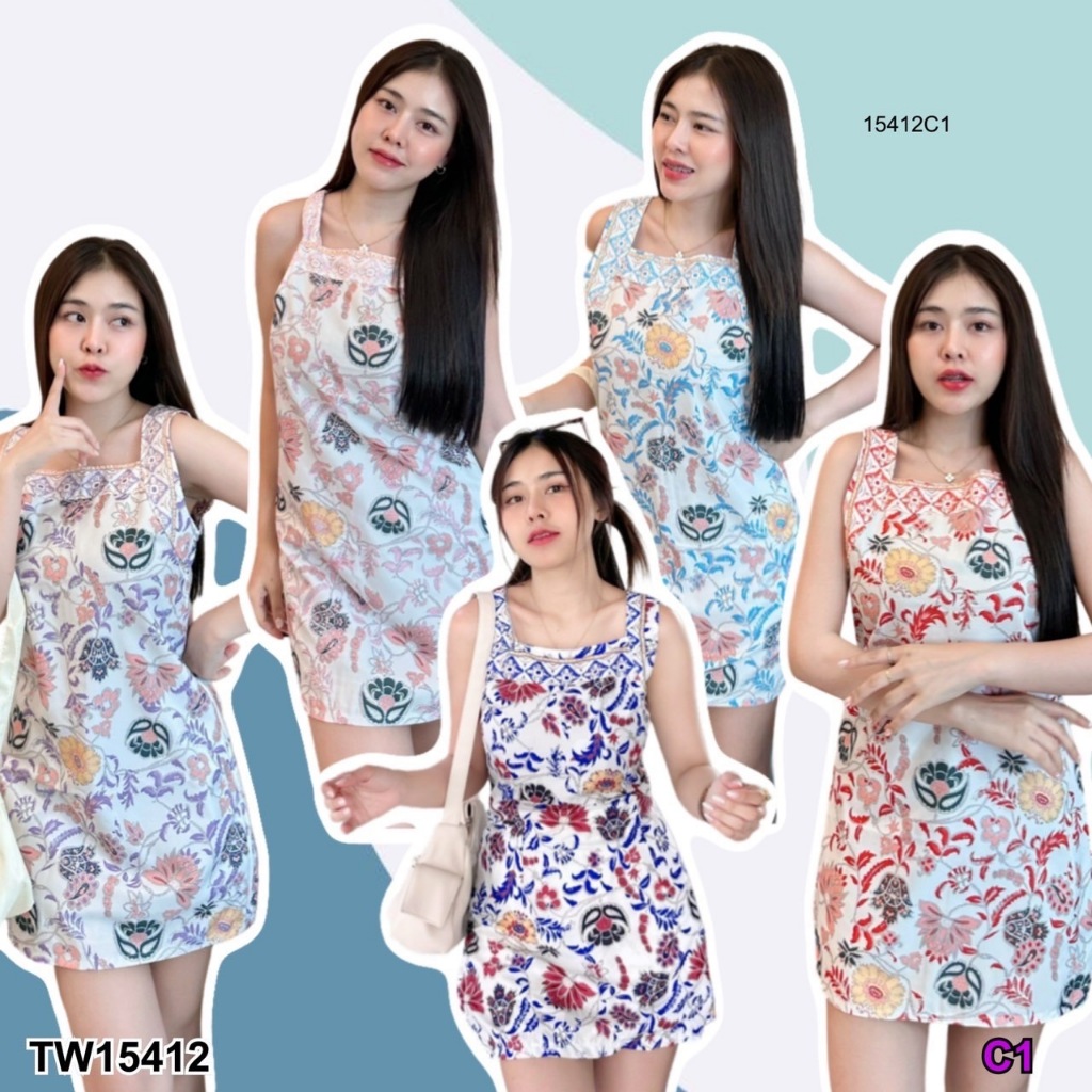 TW15412 เดรสสั้นแขนกุด ซิปหลังพิมลายกราฟฟิก