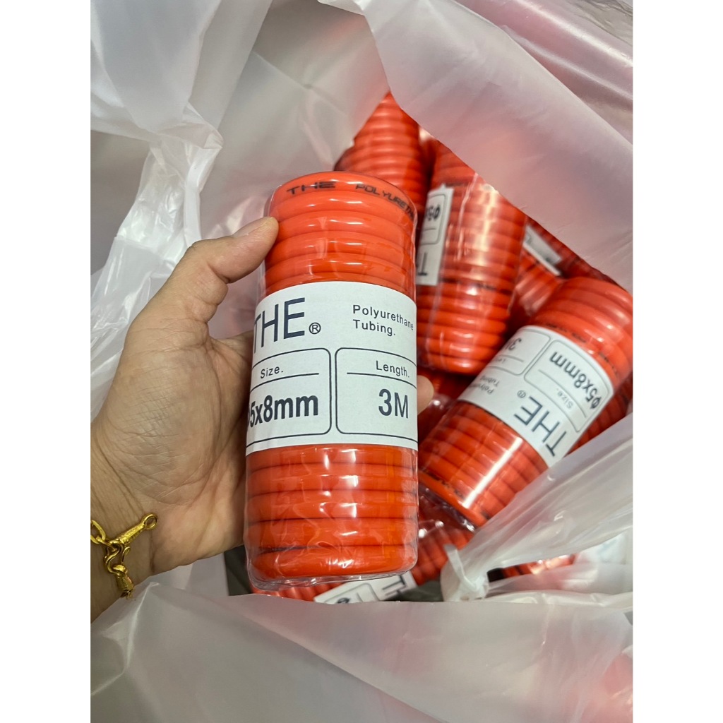 THE สายลมขดสปริง พร้อมคอปเปอร์หัวท้าย สีส้ม สายลม PU(ขนาด5x8) ความยาว3เมตร