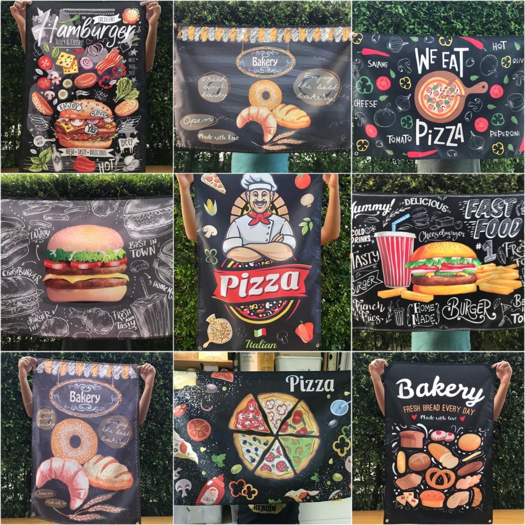 ผ้าแขวนแต่งร้านไอศกรีม,ชามุก,พิซซ่า,เบอร์เกอร์ขนาด60x90ซม.ตาไก่4มุม เลือกลายที่ตัวเลือกสินค้า