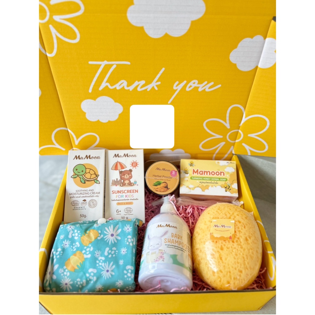 Box Set ผงสมุนไพรมามูนอาบน้ำ แชมพู กันแดดน้ำแร่ โลชั่นบำรุงผิว สบู่ ฟองน้ำ ถุงผ้า