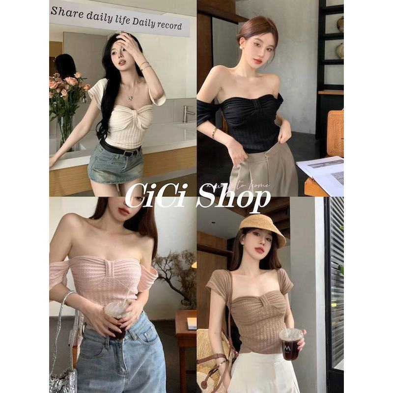 Cicishop(J659)เสื้อแขนสั้นปาดไหล่ ใส่ได้2แบบ ดีเทลจั๊มอก น่ารักปนแซ่บ