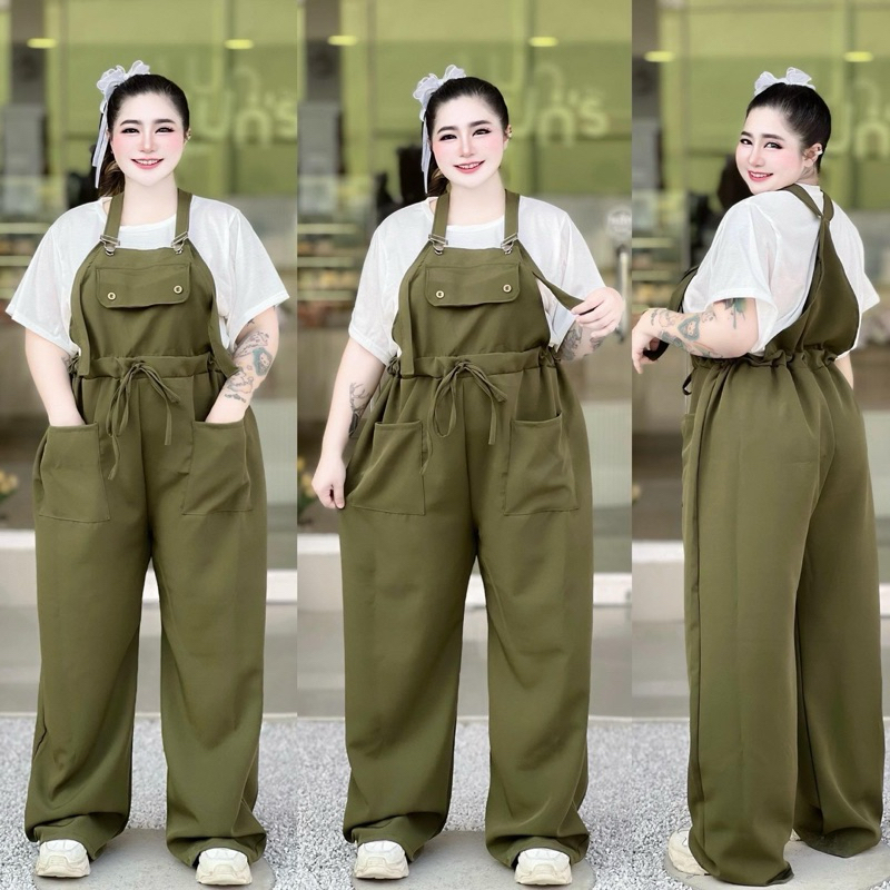 #65(ส่งเร็ว)เอี๊ยมกางเกงขายาวมีเชือกรูดเอวกระเป๋าหน้า ผ้าบาร์บี้+เสื้อยืดสีขาว สายเอี๊ยมสามารถปรับได้ Bigsize  Women