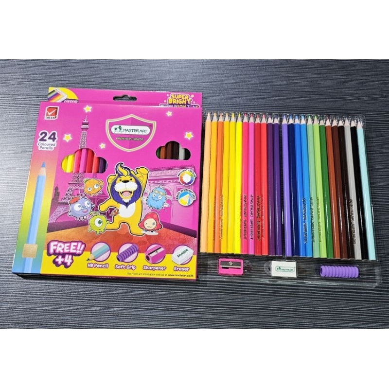 ดินสอสี สีไม้มาสเตอร์อาร์ตเเท้💯% Masterแบบแท่งยาว1หัว 24สีดินสอHB+ยางลบ+ปลอกนิ่มสวมดินสอ