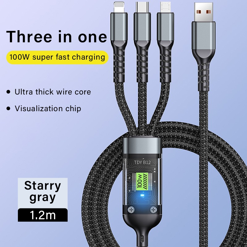 สายชาร์จ 3 in 1 6A 100W 1.2เมตร สายชาร์จมือถือ ชาร์จเร็ว