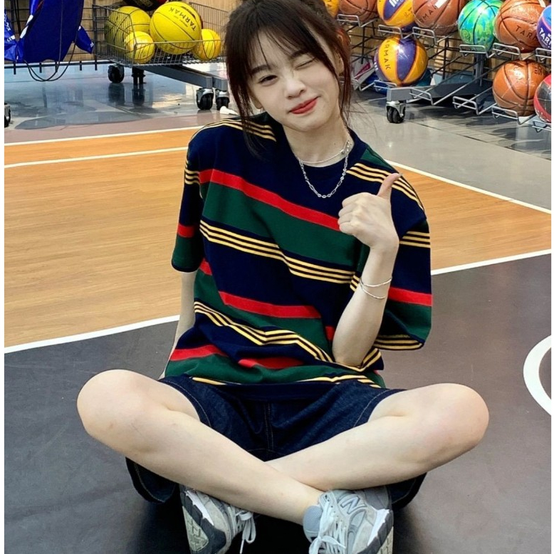 เสื้อยืดลายทางสวยๆผู้หญิงฤดูร้อนใหม่ Oversize เสื้อผ้าแฟชั่นวัยรุ่น เสื้อเสื้อโอเวอร์ไซต์แขนสั้นแบบหลวมสไตล์เกาหลี XXL - รูปที่ 7