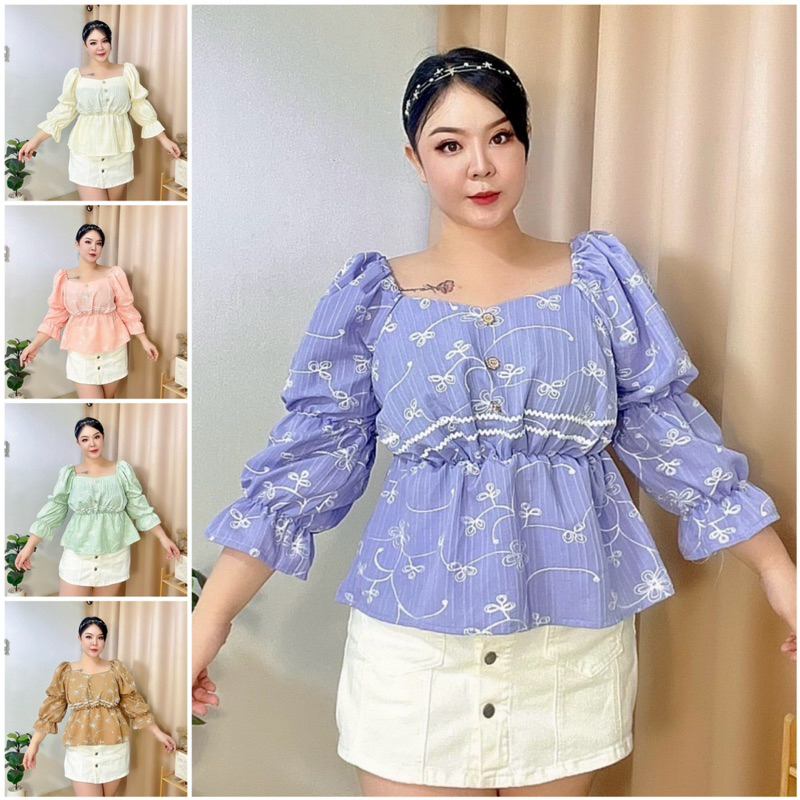 เสื้อสาวอวบ แฟชั่น ไซส์ใหญ่ เสื้อปักลายดอก แขนยาว มีสม็อคหลัง หน้าผ้า 52“ อก 42-50“