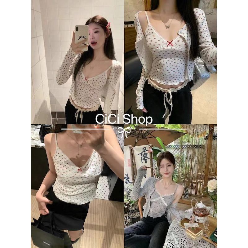 Cicishop(J1007)ชุดSet เสื้อสายเดี่ยว+เสื้อคลุม ลายดอกไม้ มินิมอลมินิใจ ใส่แล้วได้ลุคคุณหนู