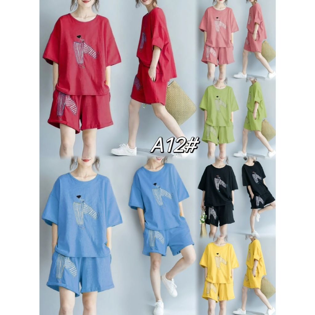 A12#-พร้อมส่ง ชุดเซทเเฟชั่น （เสื้อเเขนสั้น+ขาสั้น）คอกลมพิมลาย มี6สี
