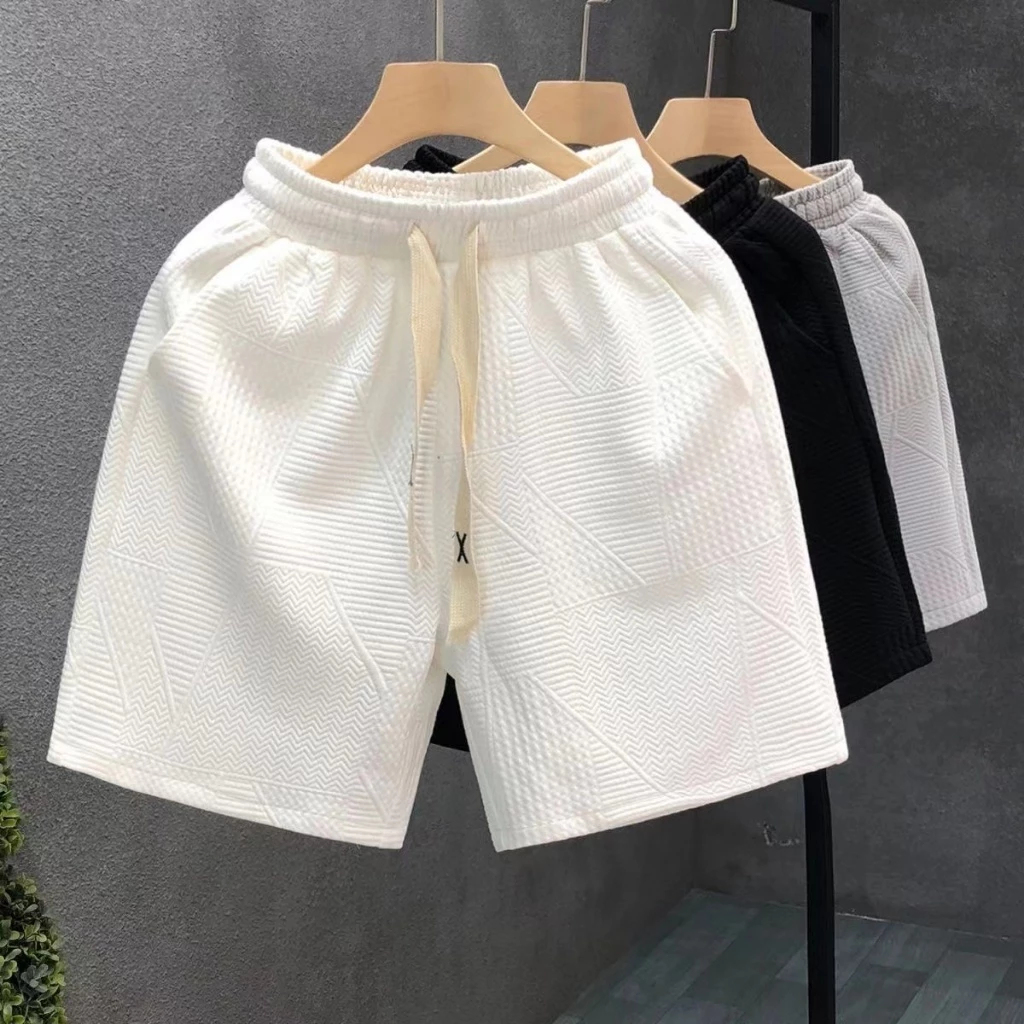 กางเกงขาสั้นผู้ชาย เอวยางยืด มีเชือก ลําลอง ทรงหลวม สวมใส่สบาย แฟชั่นสําหรับผ้าแจ็คการ์ดเนื้อหนา