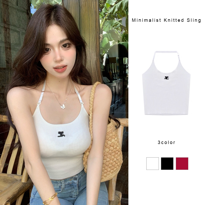 Simple ถัก Suspenders ผู้หญิง Niche Elastic Slim FITTING TOP อินเทรนด์แขวนคอเสื้อกั๊ก