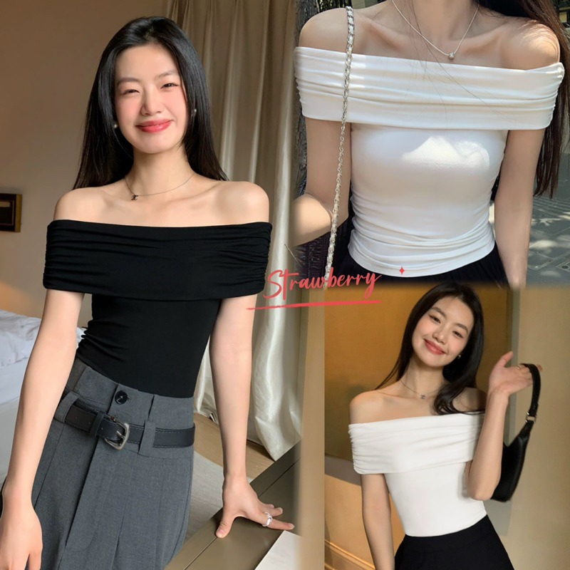 STR พร้อมส่ง เสื้อยืดแขนสั้นเปิดไหล่เซ็กซี่ผู้หญิง เสื้อครอปปาดไหล่ สีพื้น ทรงลูกคุณหนู เรียบหรูน่ารัก สาวอวบใส่ได้