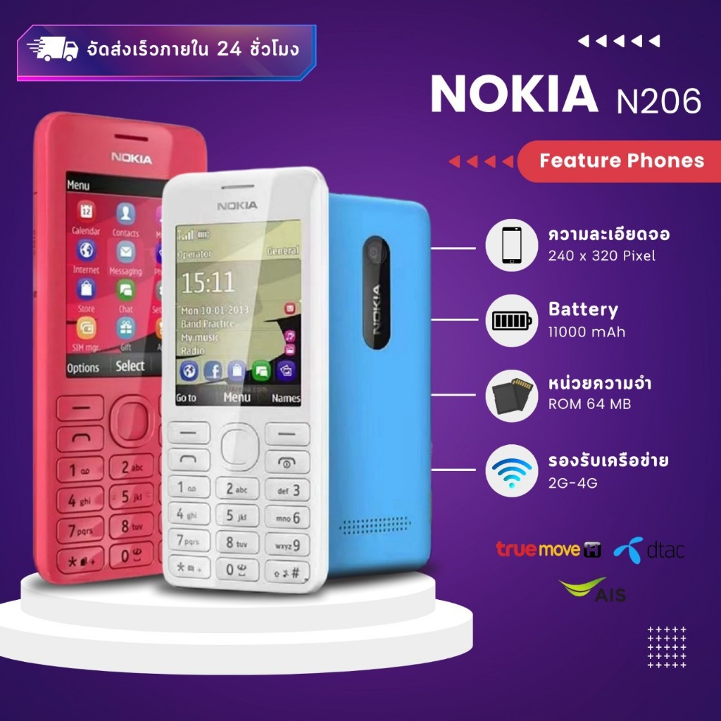 โทรศัพท์มือถือปุ่มกด Nokia 206 ระบบ DualSim หน้าจอ 2.4 นิ้ว รองรับ 3G/4G ปุ่มกดใหญ่เมนูไทย มองเห็นชัดใช้งานง่าย