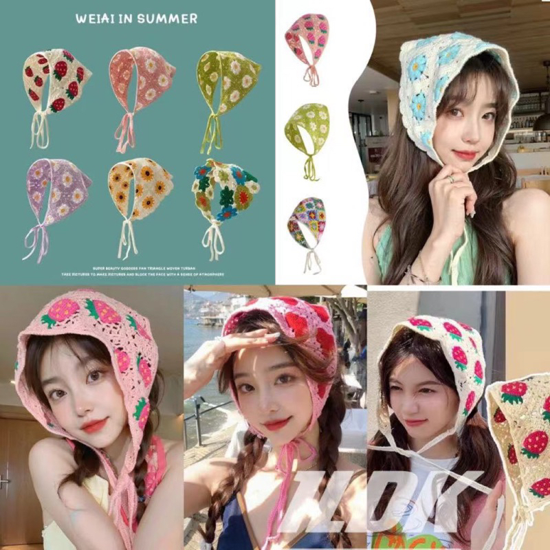 1LDK พร้อมส่ง ผ้าโพกผม ผ้าถักไหมพรม ทรงสามเหลี่ยม สีพลาสเทล ลายน่ารักๆ วินเทจวินใจ สุดหวาน(PH08)