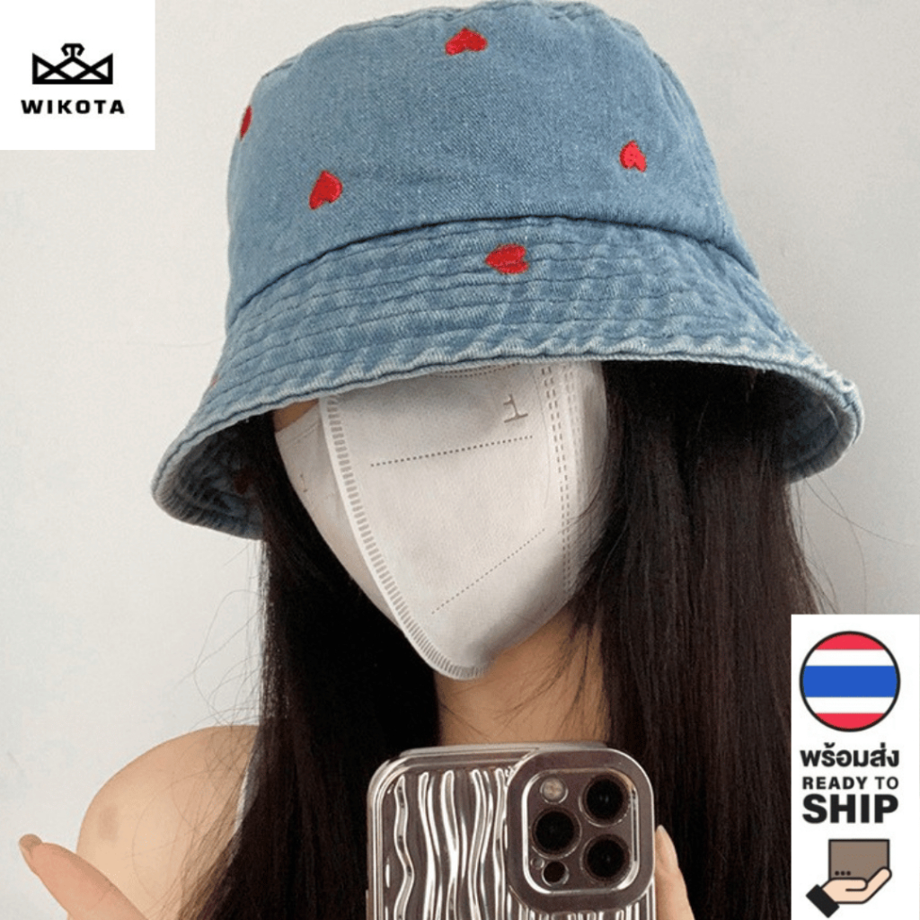 [W0165] หมวกบักเก็ตยีนส์ มี 2 ลายให้เลือก ลายหัวใจลายดอกเดซี่ น่ารักมาก ใส่กันแดดใส่เที่ยว สไตล์เกาหลี