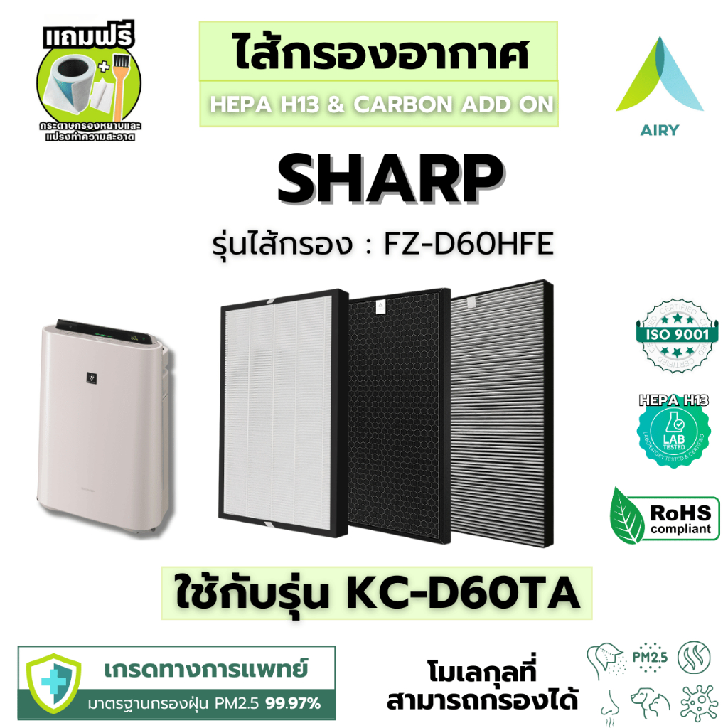 ⚡ส่งทันที⚡AIRY ไส้กรองอากาศ ไส้กรอง SHARP FZ-D60HFE ใช้กับ KC-D60TA PM2.5 กลิ่น ไวรัส (เกรดแพทย์ HEPA H13)