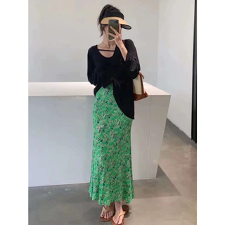 Cicishop(3020)กระโปรงยาวผ้าซาตินลายดอกไม้ เอวสม๊อคจั๊มหน้า ใส่สบายเรียบหรูลูกคุณหนูมาก