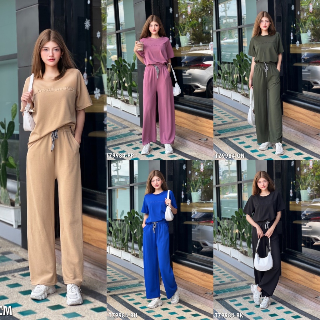 6 colors ชุดเซ็ท ผู้หญิง เสื้อ+กางเกงขายาว ไซส์ใหญ่ เสื้อยืดปักลายตัวอักษรนูน แฟชั่นผู้หญิงสไตล์เกาหลี เสื้อยืดลายTZ9984