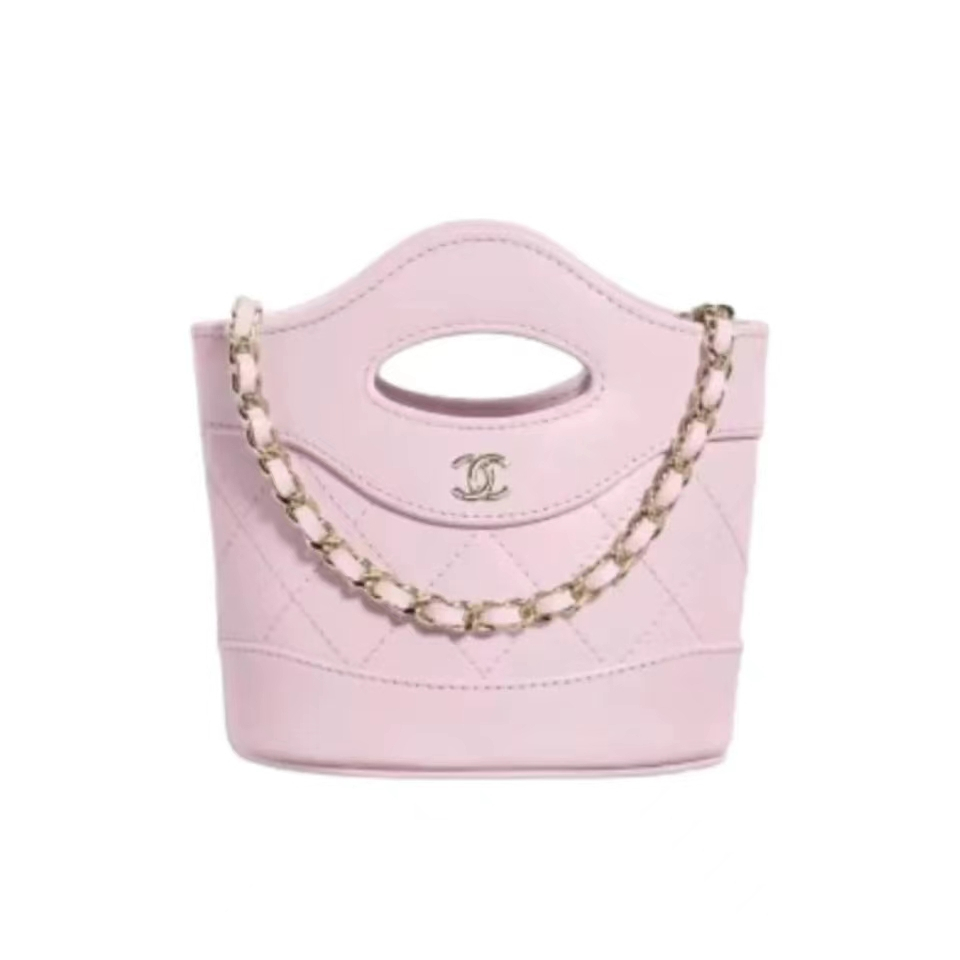 Chanel/French Bucket Bucket Bean Bag/Shoulder Crossbody Bag/Mini/Female Bag/สีชมพู แท้ 100%