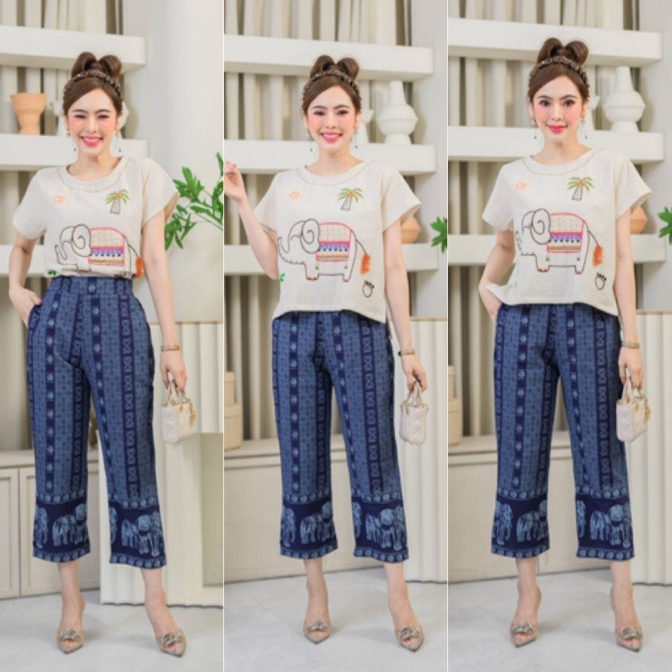 LANNA-ชุดเซต เสื้อปักมือแฮนเมด+กางเกงผ้าฝ้ายสม็อคหลัง ผ้าฝ้าย ผ้าไทย