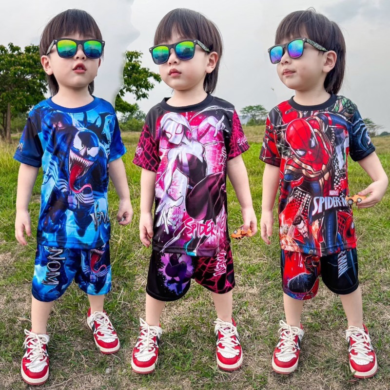 ชุดเซ็ทรุ่นSpider เสื้อแขนสั้น+กางเกงขาสั้น ชุดเด็ก ลายซุปเปอร์ฮีโร่ ผ้าไมโครไฟเบอร์