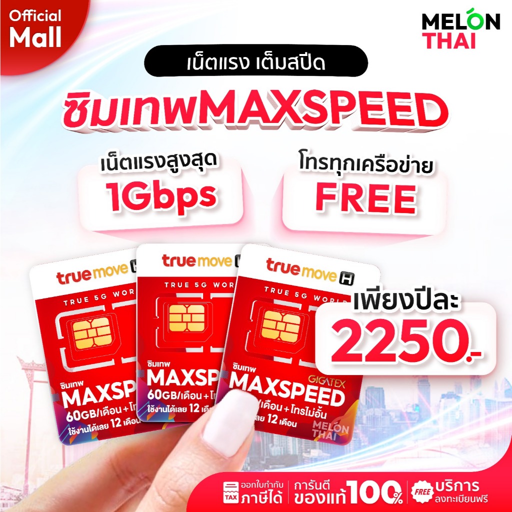 TRUE ซิมเทพ Max speed โทรฟรีทุกเครือข่าย 60GB/เดือน ซิมเน็ต ซิมรายปี ซิมเทพทรู true ซิมทรูรายปี 5G โทรฟรี MelonThaiMall