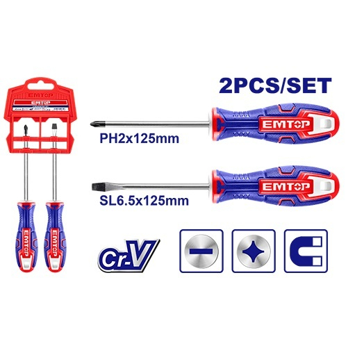 EMTOP ไขควงปากแบน + ไขควงปากแฉก ขนาด 5 นิ้ว ( 2 ตัวชุด ) พร้อมแผงแขวน รุ่น ESST0202 ( Screwdriver Set )งานคุณภาพสูง