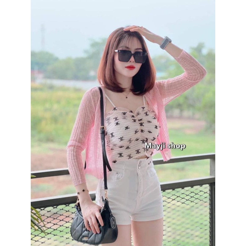 GoodNine พร้อมส่ง งาน 2 ชิ้นเสื้อสายเดี่ยวปักโลโก้แบรนด์คู่กับเสื้อคลุมผ้าเนื้อนุ่มยืดตามลำตัวงานป้าย y.p.y
