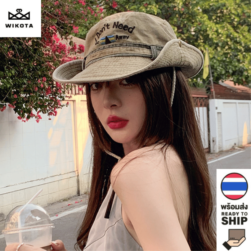 [W0164] หมวกบักเก็ต หมวกเดินป่า  ปักลายอักษร เท่ๆ มีเชือกปรับขนาดได้ สไตล์วินเทจ ใส่เที่ยวใส่กันแดดได้