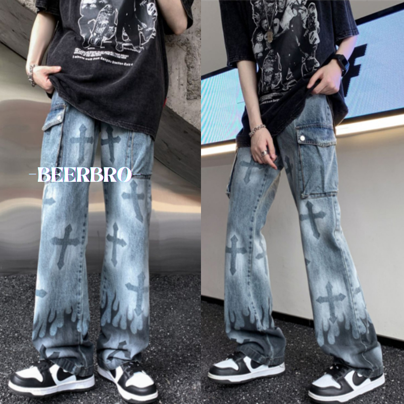 กางเกงยีนส์ผู้ชาย baggy jeansทรงหลวม ทรงตรง สีน้ำเงิน ขากว้าง ทรงหลวม แนวสตรีท สไตล์โกธิค แฟชั่น