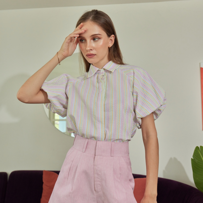 BIRUCHU TOFU BLOUSE : เสื้อเชิ้ต แขนพอง ผ้ายับยาก ใส่สบาย